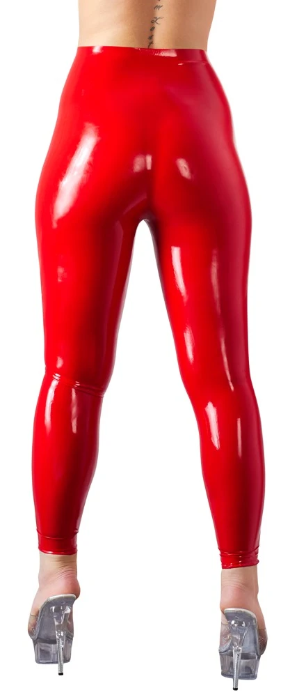 Leggings aus Latex taillenhoch in Rot hauteng und glänzend figurbetont flach getaucht mit perfektem Sitz wie eine zweite Haut