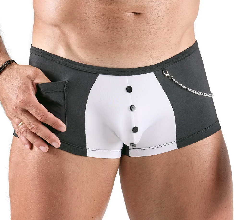 Svenjoyment Pants im sexy Service-Look: Schwarz-weiß mit Zierknöpfen, Tasche und abnehmbarer Karabinerkette Svenjoyment Pants im sexy Service-Look: Schwarz-weiß mit Zierknöpfen, Tasche und abnehmbarer Karabinerkette