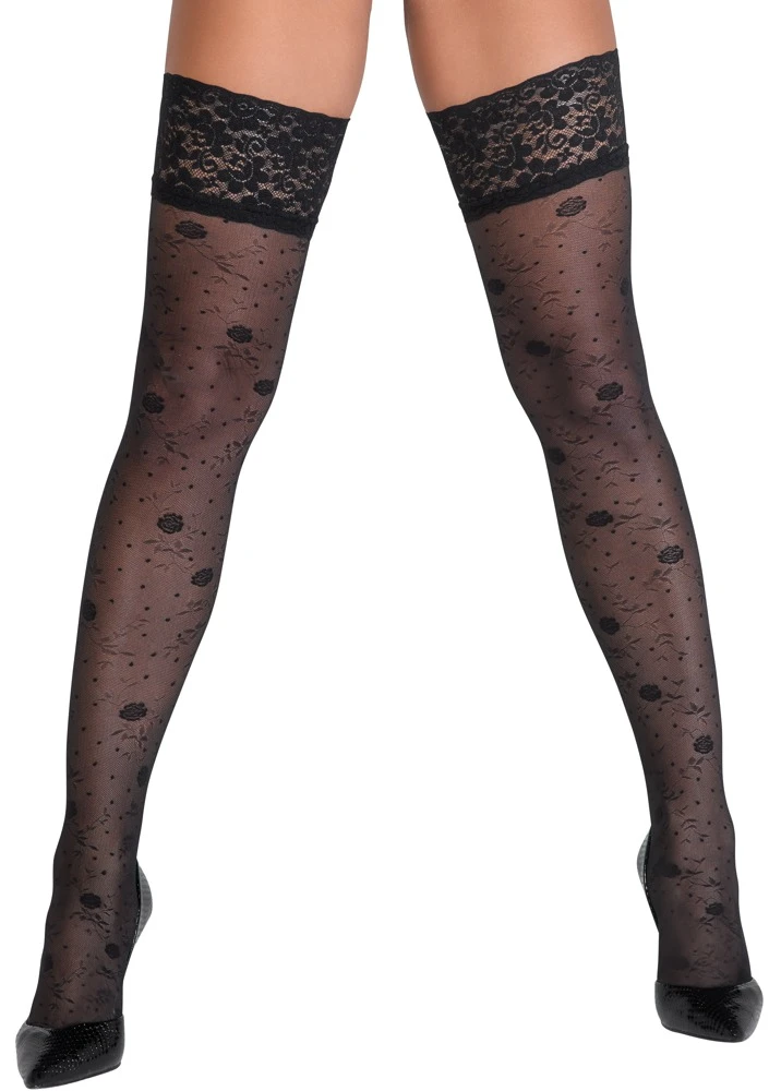 Cottelli Verführerische Eleganz: Halterlose Strümpfe mit Rosenmuster und 9 cm Spitzen-Abschluss