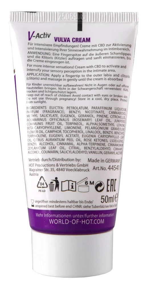 V-Activ Vulva Cream CBD 50 ml, Spüre, wie sinnliche Intensität und sanfte Pflege aufeinandertreffen - mit der CBD-angereicherten V-Activ Vulva Cream von HOT
