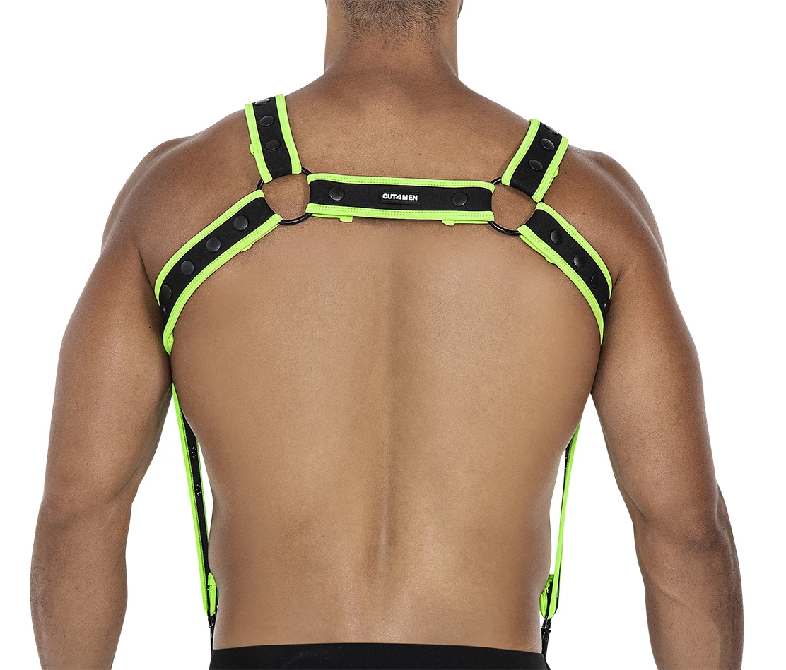 Schwarz-Grüner Brust-Harness 05 von Cut4Men: Neopren, Metallringe und verstellbare Passform für flexiblen Tragekomfort