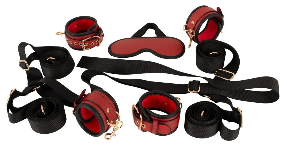 Bad Kitty Under Bed Restraint, Erotisches 6-teiliges Bettfessel-Set schwarz/rot Luxus Bondage Gurtkreuz 4-Punkt Fixierung mit Augenmaske verstellbar komfortabel