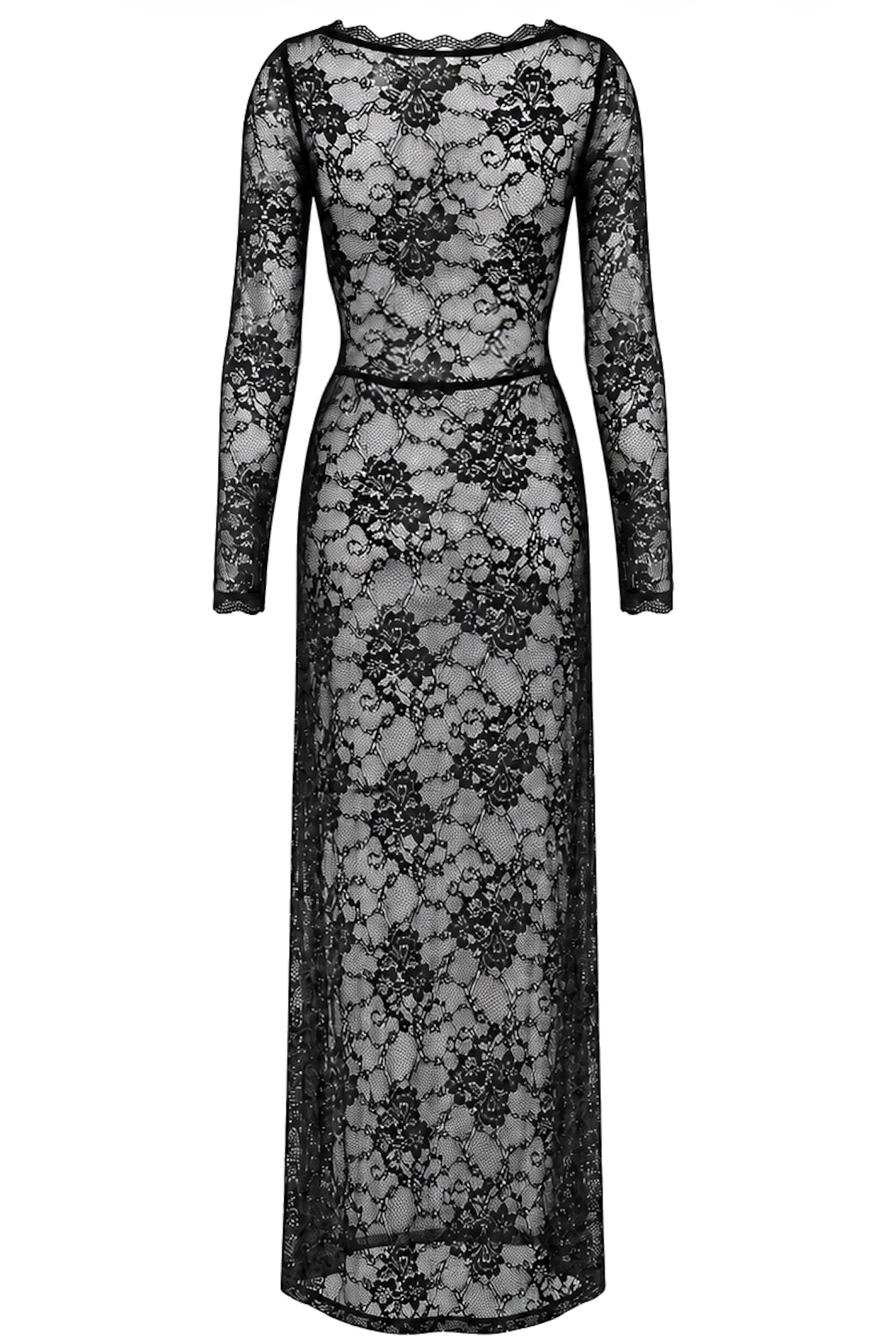 Maxikleid aus transparenter Spitze - Noir Handmade F405 One More Kiss - sexy in Schwarz mit tiefem Ausschnitt und hohem Beinschlitz