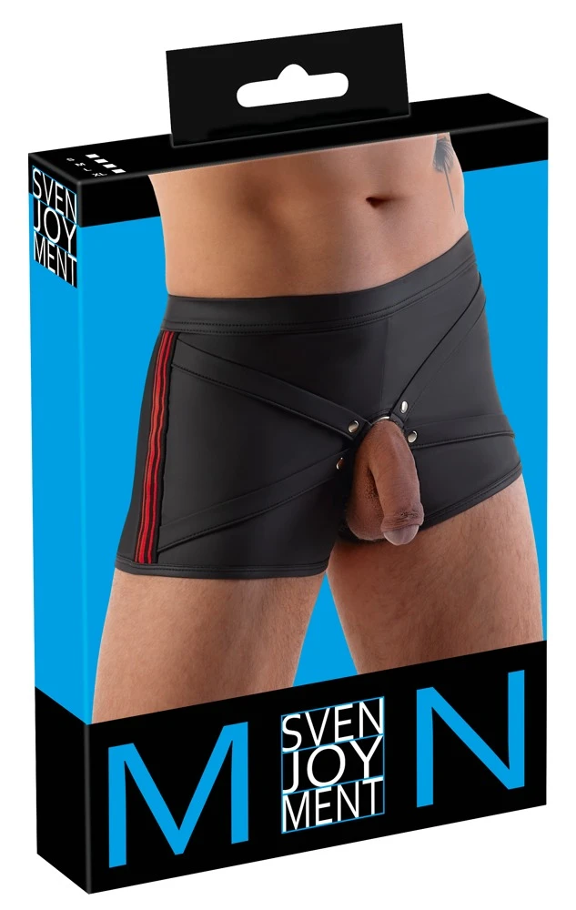 Enge betonende Pants von Svenjoyment im schwarzen Mattlook mit roten Webgummi-Seitenstreifen.