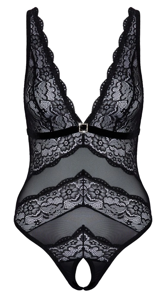 Cottelli LINGERIE Riobody im feinen weichen Material-Mix Schritt ouvert aus  Powernet und Blütenspitze