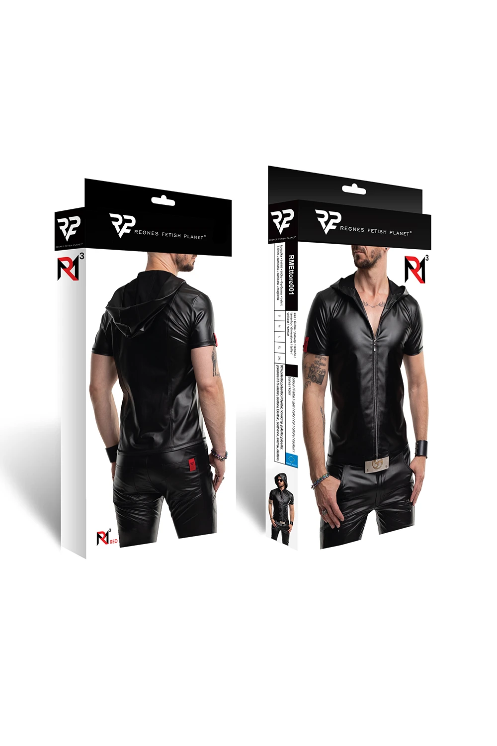 Herren Kapuzen T-Shirt RMEttore001 in mattem Kunstleder von Regnes Fetish Planet – körpernahe Slim-Fit Form mit markantem Front-Reißverschluss und RFP-Zipperdetails für einen provokanten, maskulinen Look