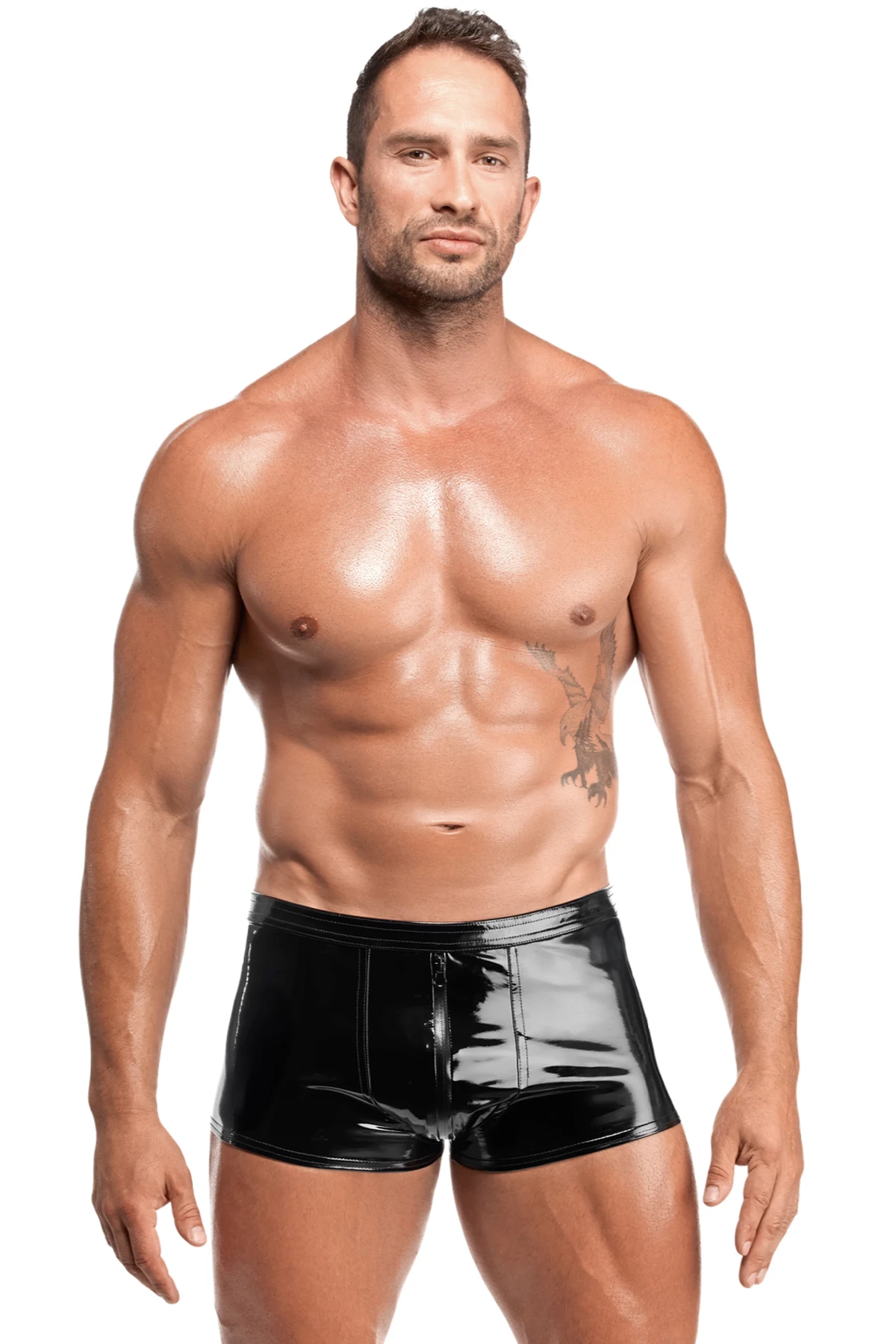 Schwarze Kinky Lack Shorts Voltage H095 ultrakurze Herren Shorts aus glänzendem PVC mit elastischem Bund und praktischem Drei-Wege-Reißverschluss für figurbetonten Look und starken Auftritt im Wetlook-Stil von Noir Handmade Men
