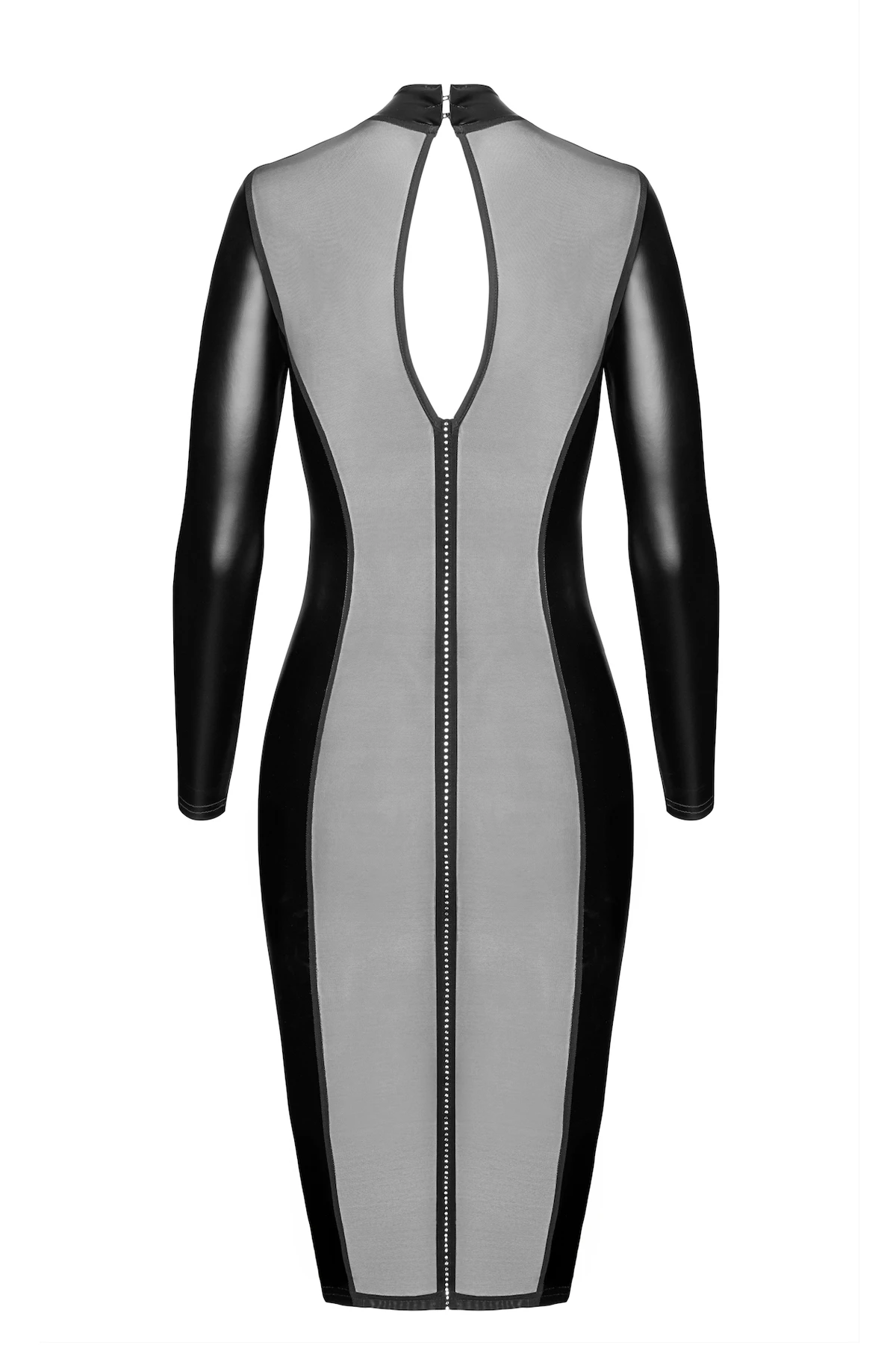 F371 Luxuria Crystal Sheer Kinky Midikleid Noir Handmade – hautenges Wetlook Kleid mit transparenter Rückseite, funkelnder Strasslinie und verführerischem Halsverschluss