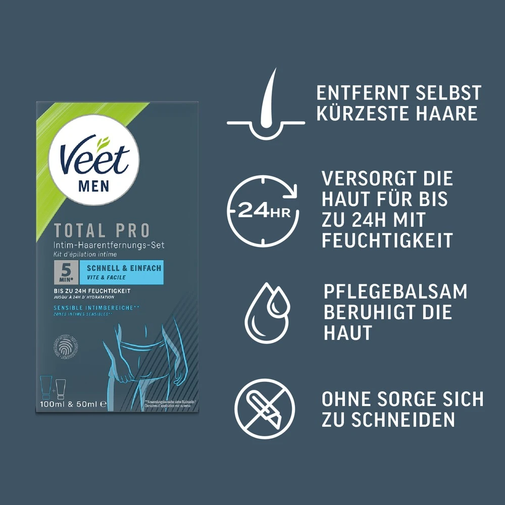 Veet Men Haarentfernungsset, Veet Men TOTAL PRO Intim-Haarentfernungs-Set – gründliche Haarentfernung & intensive Pflege speziell für seinen sensiblen Intimbereich