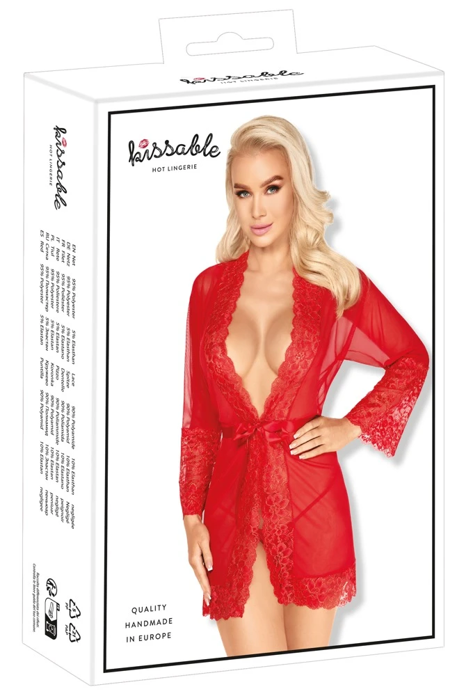 Tüll Kimono mit Spitze Elegant Kurzer Kimono aus eines Powernet im Mix mit Effektspitze rot