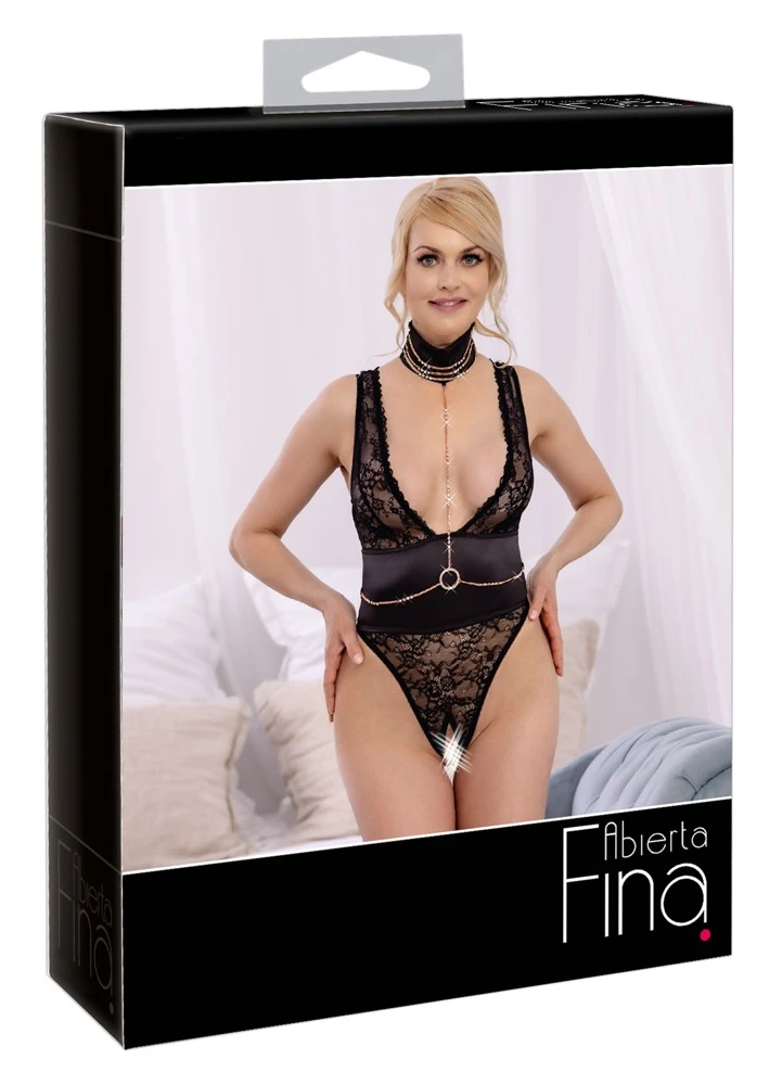 Abierta Fina Body ouvert mit Halsband und Kettenbesatz