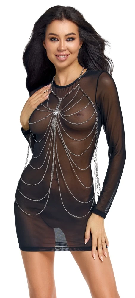 Körperkette silberfarben mit üppigem Kettchenbesatz und großem funkelnden Schmuckstein zwischen den Brüsten für einen glamourösen Look