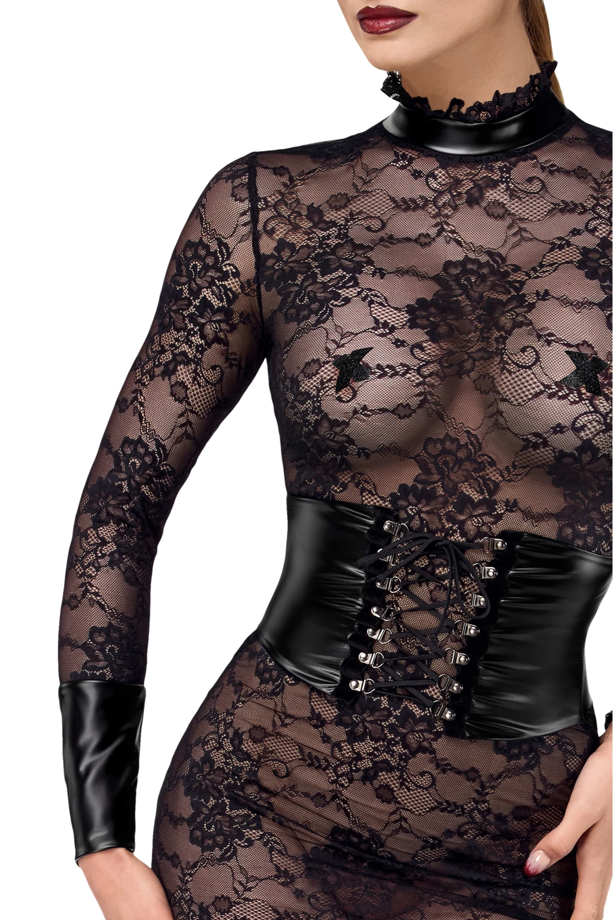 Halblanges Kinky Kleid Noirelle aus Spitze Noir Handmade F375 mit hohem Stehkragen, Powerwetlook-Korsett und verstellbarer Schnürung für eine markante, formbetonte Silhouette mit raffinierten Details