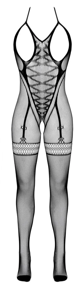 Sexy schwarzer Catsuit ouvert busenfrei aus Netz mit Straps-Body Cut-outs Neckholder rückenfrei hochelastisch nahtlos von Fantasy by Cottelli für heiße Dessous Looks