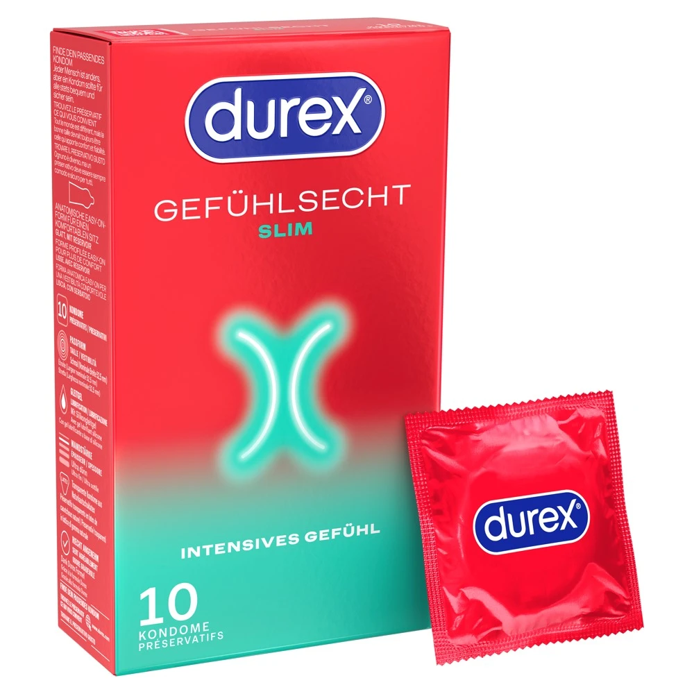 Durex Gefühlsecht Slim 10er, Grenzenlose Nähe spüren mit den Gefühlsecht Slim Kondomen von Durex extra schmal, hauchdünn und perfekt gleitend für echte Intimität