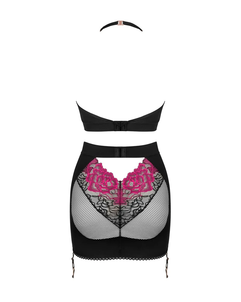 Obsessive Top und Straps-Rock im Set Rosenty, das Dekolleté und Po mit weichem Netz und feiner pinkfarbener Rosenspitze in sehr verführerische Szene setzt