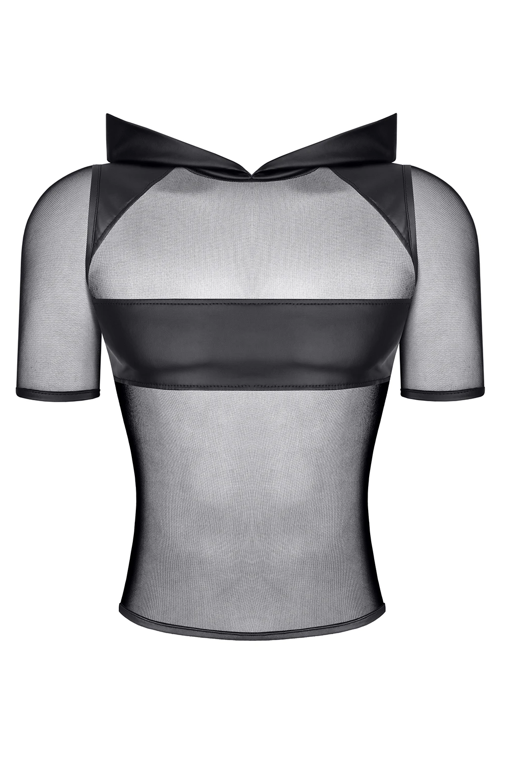 Herren Kapuzen T-Shirt RMIvo001 von Regnes Fetish Planet aus schwarzem Mesh mit matten Wet-Look-Einsätzen, dehnbarem Material und markanter Slim-Fit Passform für einen provokanten, maskulinen Style