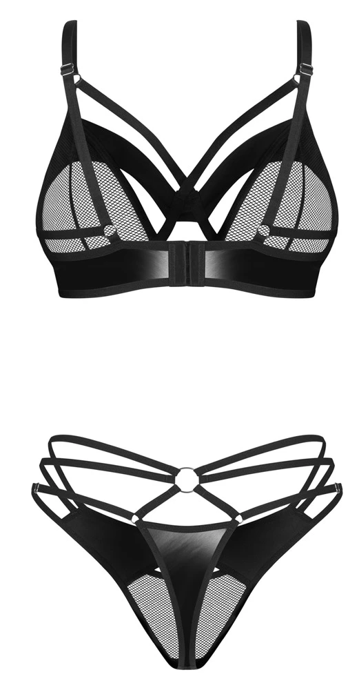 Obsessive Dominna Dessous Set – Bügel-BH & Riostring, Wetlook-Netz Mix, Riemchen-Optik, verstellbar, elastisch & offen