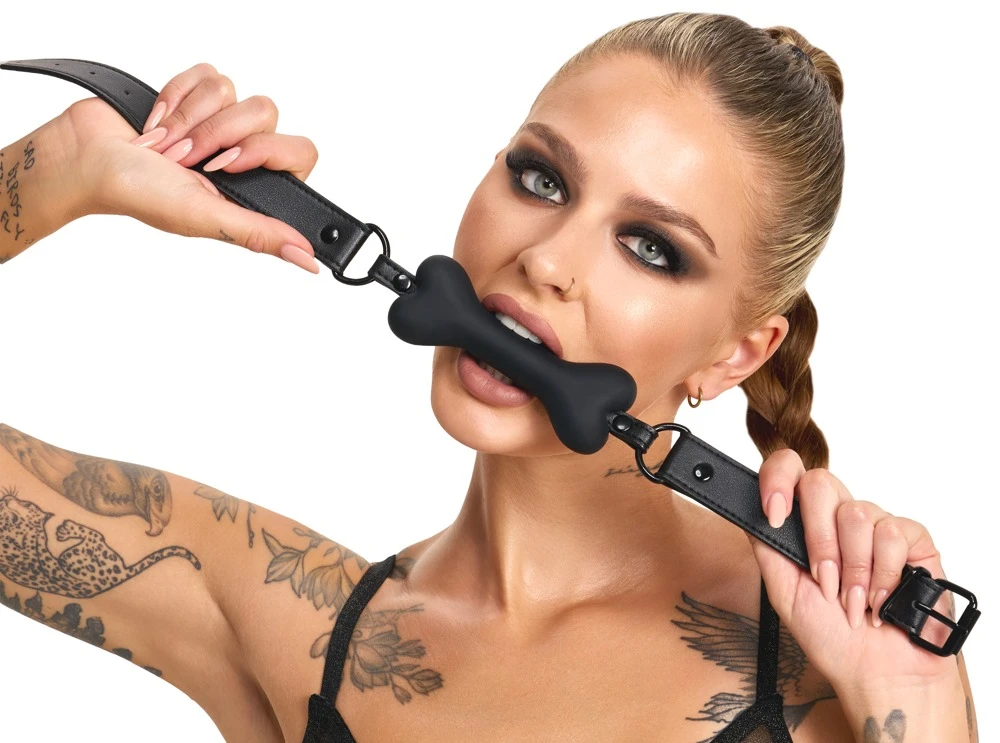 Bad Kitty Knochen-Knebel Silikon schwarz verstellbar Lederimitat bequem Puppy Play Maulkorb Bone Gag hochwertig