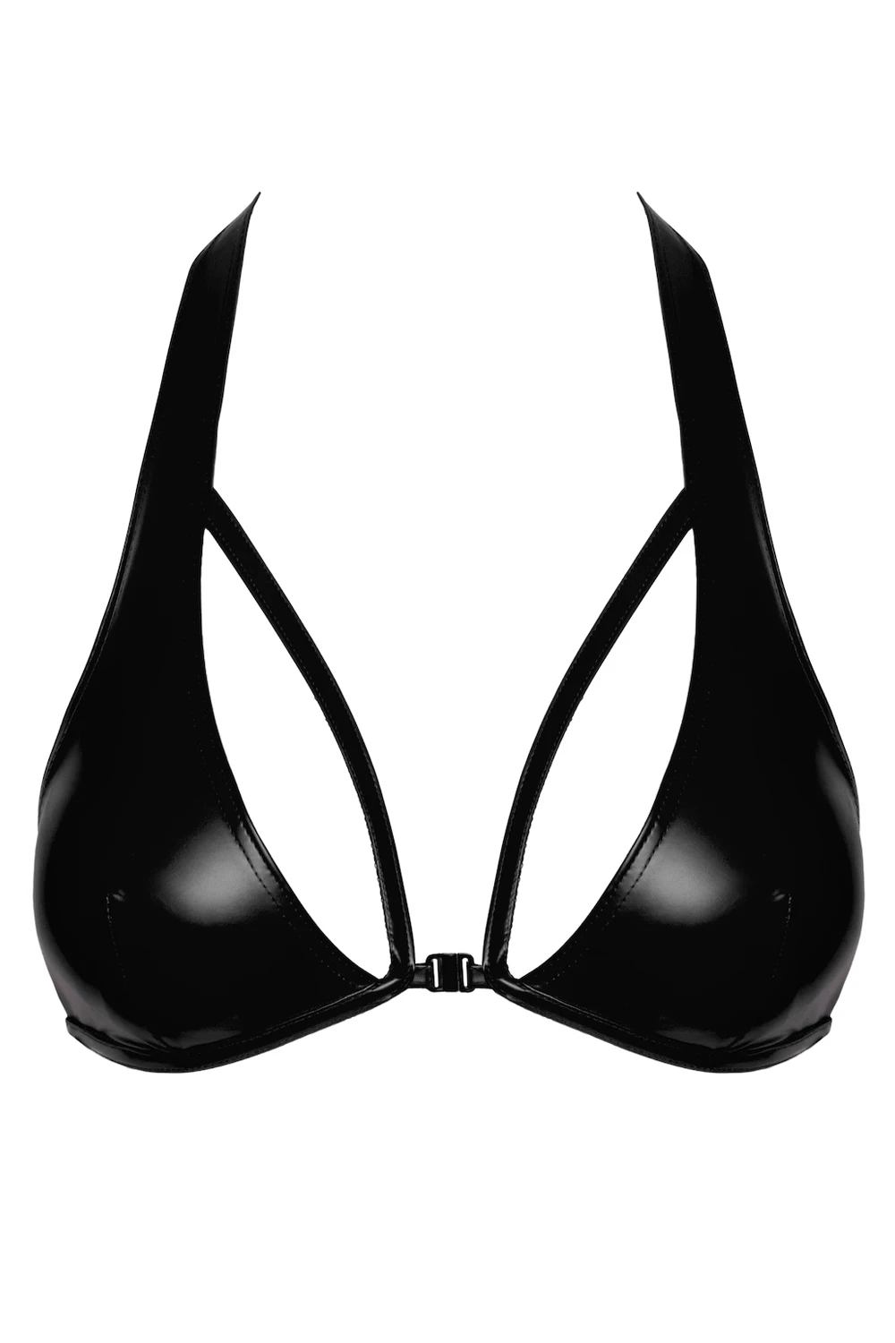 Bralette – Kinky erotisches Wetlook Dessous mit Hals-Design, Power-Material, dekorativen Brust-Trägern & Frontverschluss F391 Noir Handmade Troublemaker