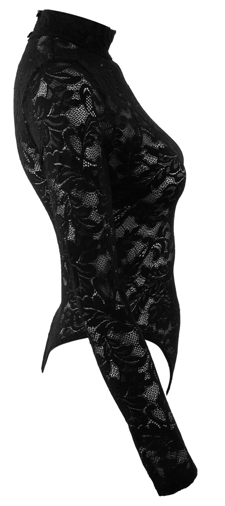 Cottelli LINGERIE Sexy Langarm-Body aus schwarzer Ornament-Spitze mit Stehkragen und extra hohen Beinausschnitten