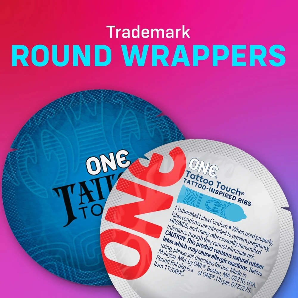 ONE Tattoo Touch 12er, ONE Tattoo Touch Kondome – farbige, vegane Kondome im coolen Tattoo-Design mit stimulierender Struktur, konturierter Passform und ultraweichem Sensatex-Latex für intensives Gefühl