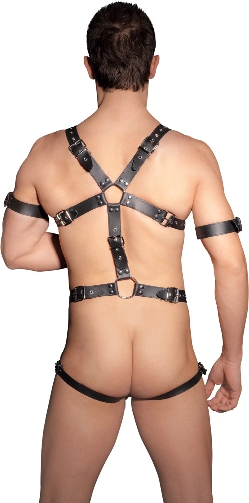 Robuster Einteiler von ZADO mit verstellbaren Leder-Riemen und 3 Metall-Ringen für Penis und Hoden.