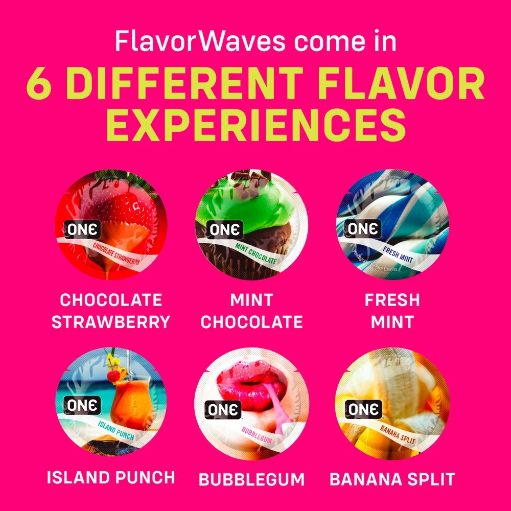 ONE Flavor Waves 12er, ONE Flavor Waves Kondome – Transparente, aromatisierte Kondome in 6 sexy Geschmacksrichtungen, ultraweiches Sensatex-Latex, Silikonöl-befeuchtet, vegan und zuckerfrei für intensiven Genuss