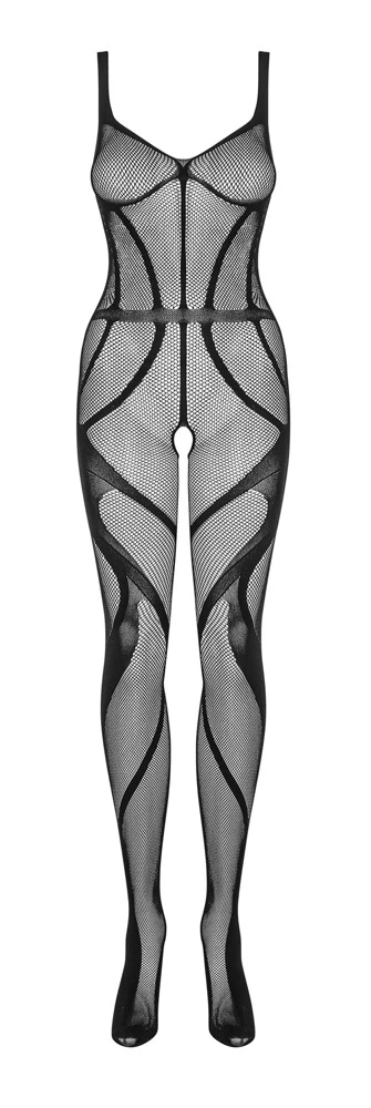 Obsessive schwarzes, hochelastisches Catsuit ouvert aus weichem seidigem Netz setzt weibliche Kurven perfekt in Szene. Verführerische Cut-outs im Schritt und über dem Po.