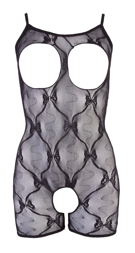 Sexy kurzer Catsuit nur mit Beinansatz, im Schritt und am Busen provozierend offen. Aus schwarzer, elastischer Spitze.