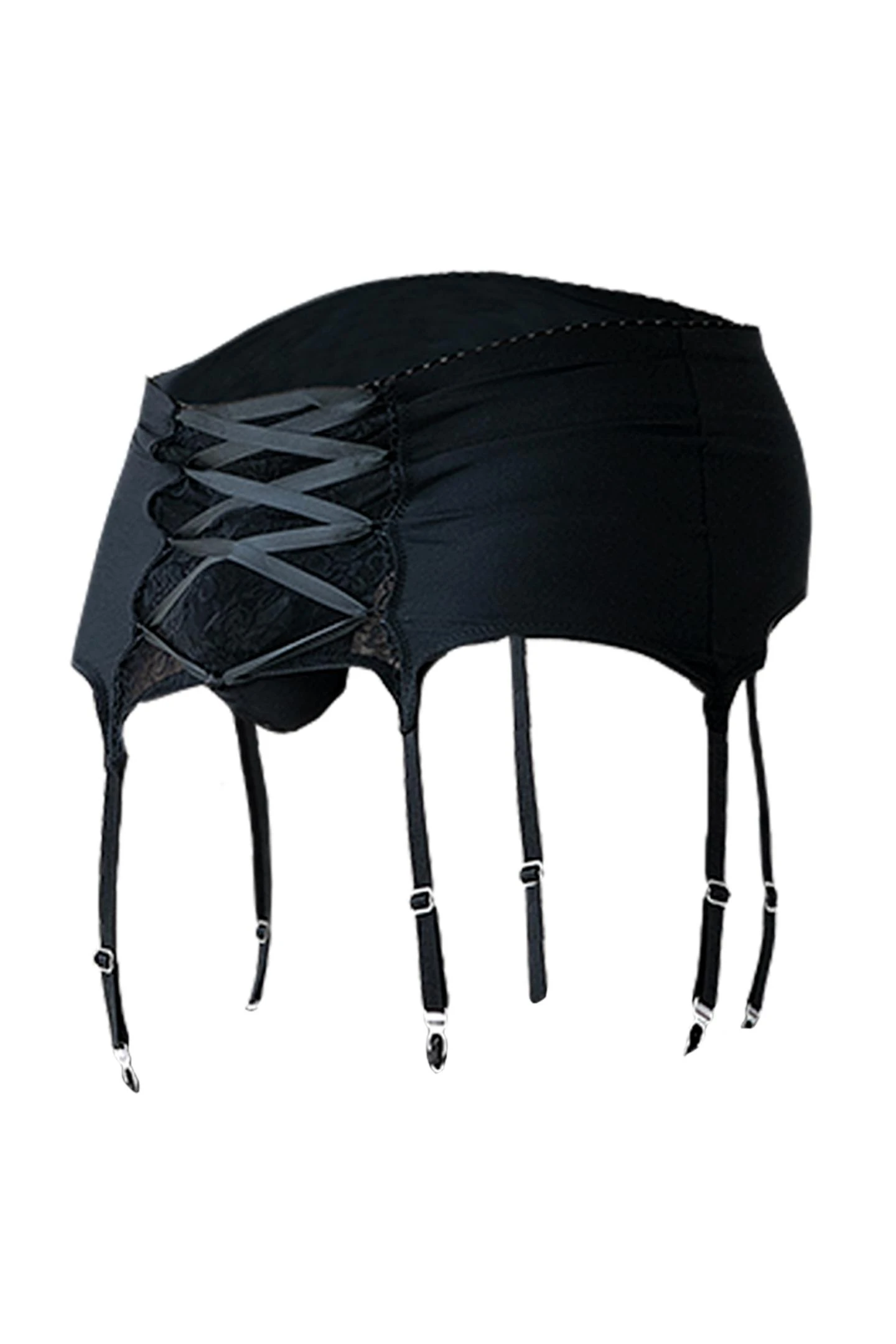 Schwarzer Herren Strumpfhaltergürtel C4MRAV108 aus Spitze und glattem Material mit vorderer Schnürung, verstellbaren Haltern und maskulinem CUT4MEN-Logo – sexy und markant