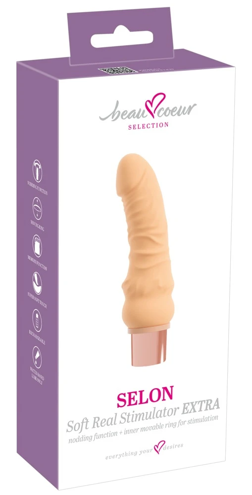 SELON Soft Real Stimulator EXTRA Naturvibrator mit nickender Eichel, Move-Massagering, 12 Action-Modi, Memory-Funktion und supersofter Oberfläche für intensives Echtgefühl und pure Power