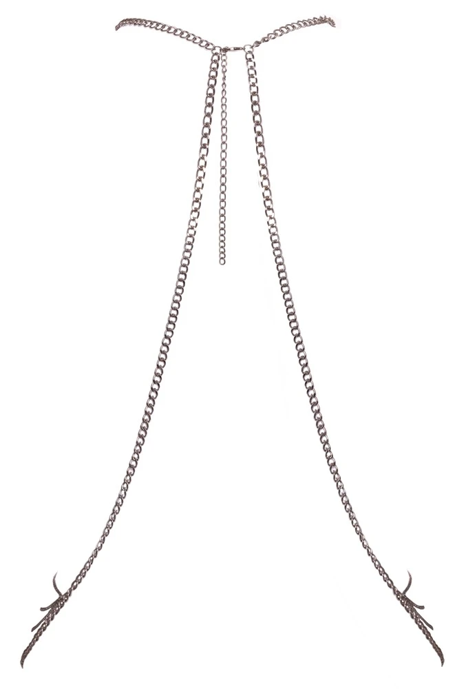 Cottelli silberfarbene Körperkette mit üppigem Kettchenbesatz zwischen den Brüsten und glamourösem Hüftschmuck im verstellbaren Neckholder-Design Cottelli silberfarbene Körperkette mit üppigem Kettchenbesatz zwischen den Brüsten und glamourösem Hüftschmuck im verstellbaren Neckholder-Design