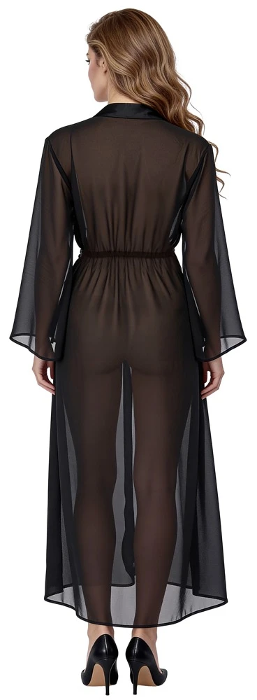 Langer Kimono aus schwarzem Chiffon von Cottelli LINGERIE – sinnlich transparent mit ausgestellten Ärmeln, Tunnelzug und edlem Bindegürtel