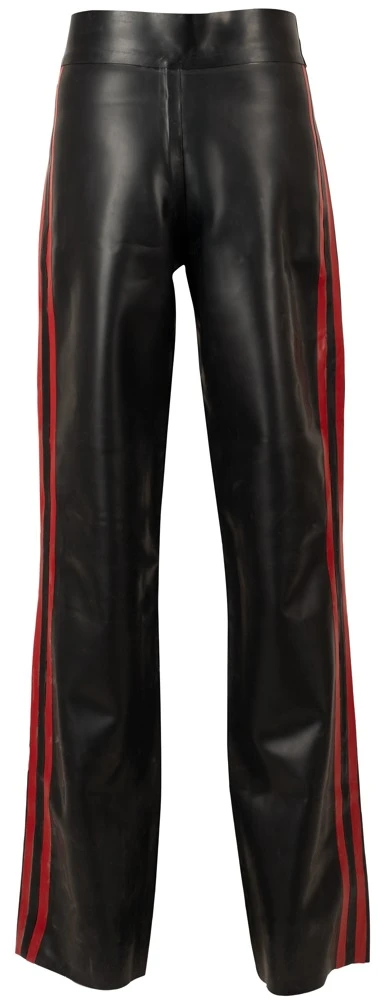 Latex-Hose Bootcut Schwarz-Rot im Kinky Racing-Look mit Seitenstreifen aus Premium-Latex für einen kraftvollen glänzenden Auftritt – LateX
