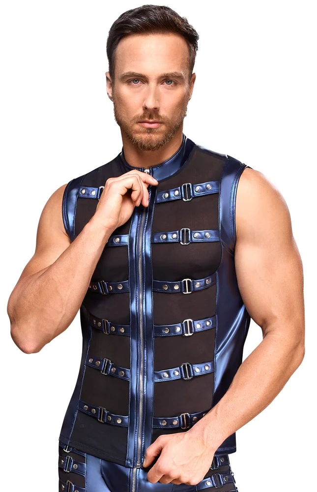 Ärmelloses Shirt von NEK mit Metallic-Mattlook in Blau, Powernet-Einsätzen, Stehkragen und Reißverschluss für markanten Style Ärmelloses Shirt von NEK mit Metallic-Mattlook in Blau, Powernet-Einsätzen, Stehkragen und Reißverschluss für markanten Style