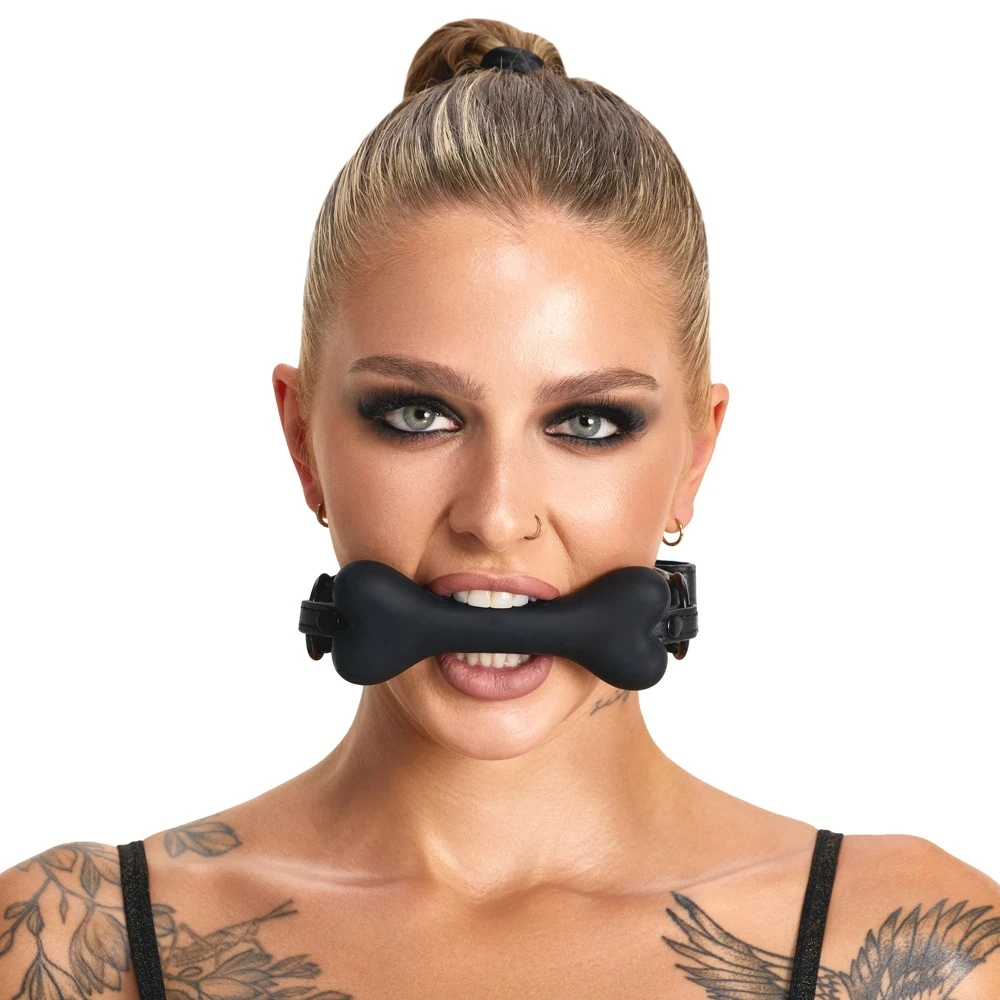 Bad Kitty Knochen-Knebel Silikon schwarz verstellbar Lederimitat bequem Puppy Play Maulkorb Bone Gag hochwertig