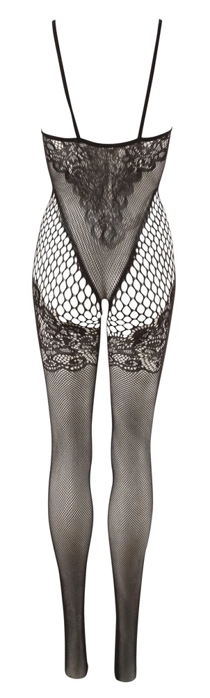 Schwarzer Catsuit mit Spitzen-Optik am Busen und Oberschenkel und offenem Schritt. Schwarzer Catsuit mit Spitzen-Optik am Busen und Oberschenkel und offenem Schritt.