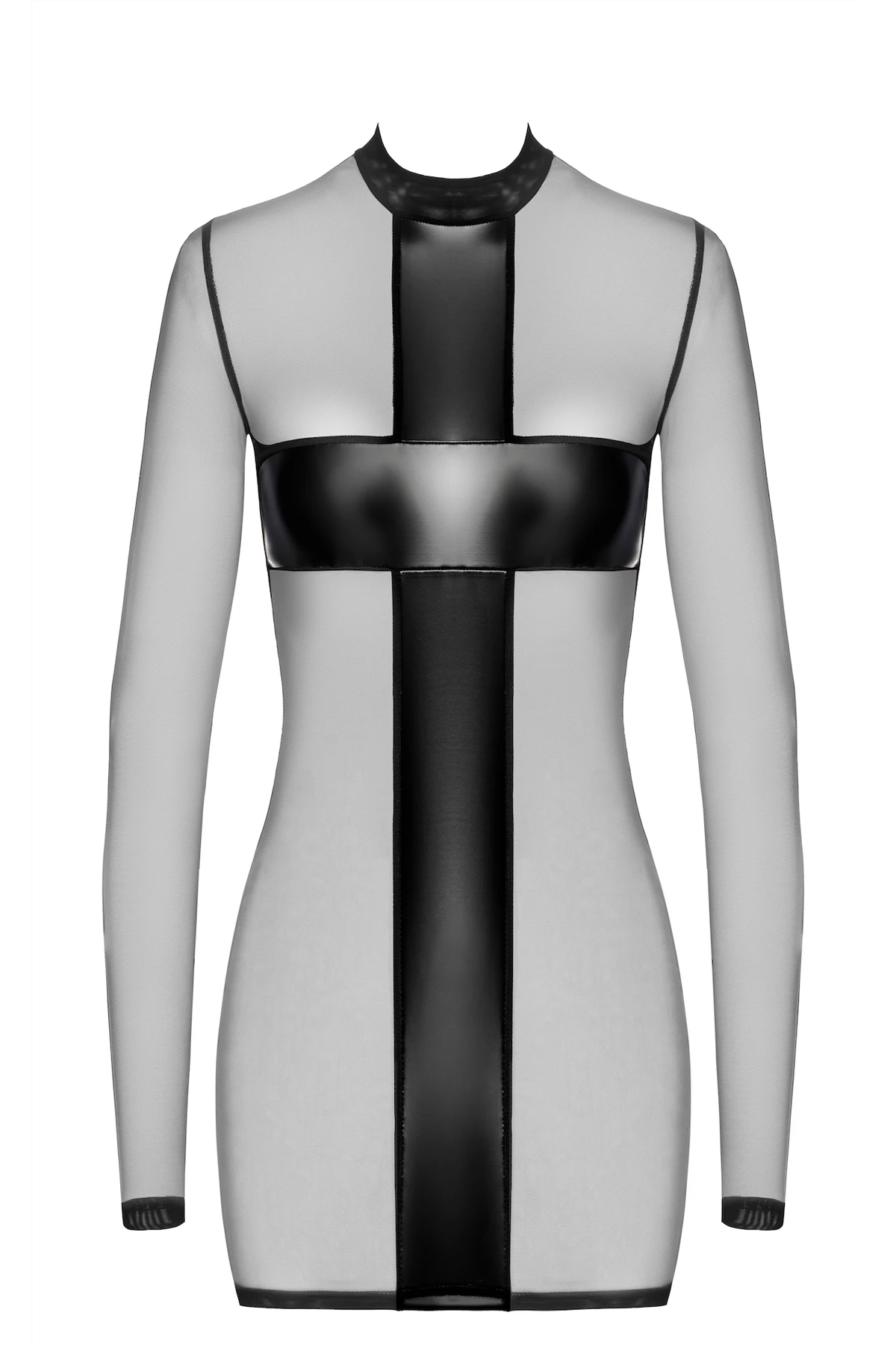 Crossfire Netz und Wetlook Kinky Minikleid F369 Noir Handmade aus elastischem Powerwetlook mit langen Ärmeln und markanten Kreuz- und Streifen-Details für einen provokanten Look