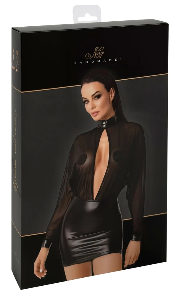 Noir Stylisches Langarm-Minikleid im Material-Mix aus transparentem Tüll und Powerwetlook mit tiefem Ausschnitt und Stehkragen