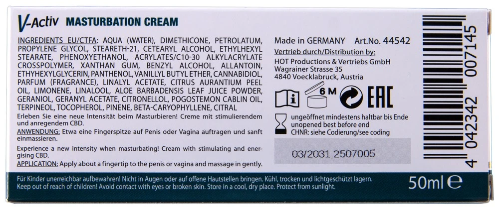 V-Activ Masturbationcreme CBD50, Steigere Dein Lustempfinden beim Masturbieren mit der pflegenden V-Activ Unisex Cream von HOT - stimulierend durch hochwertiges CBD