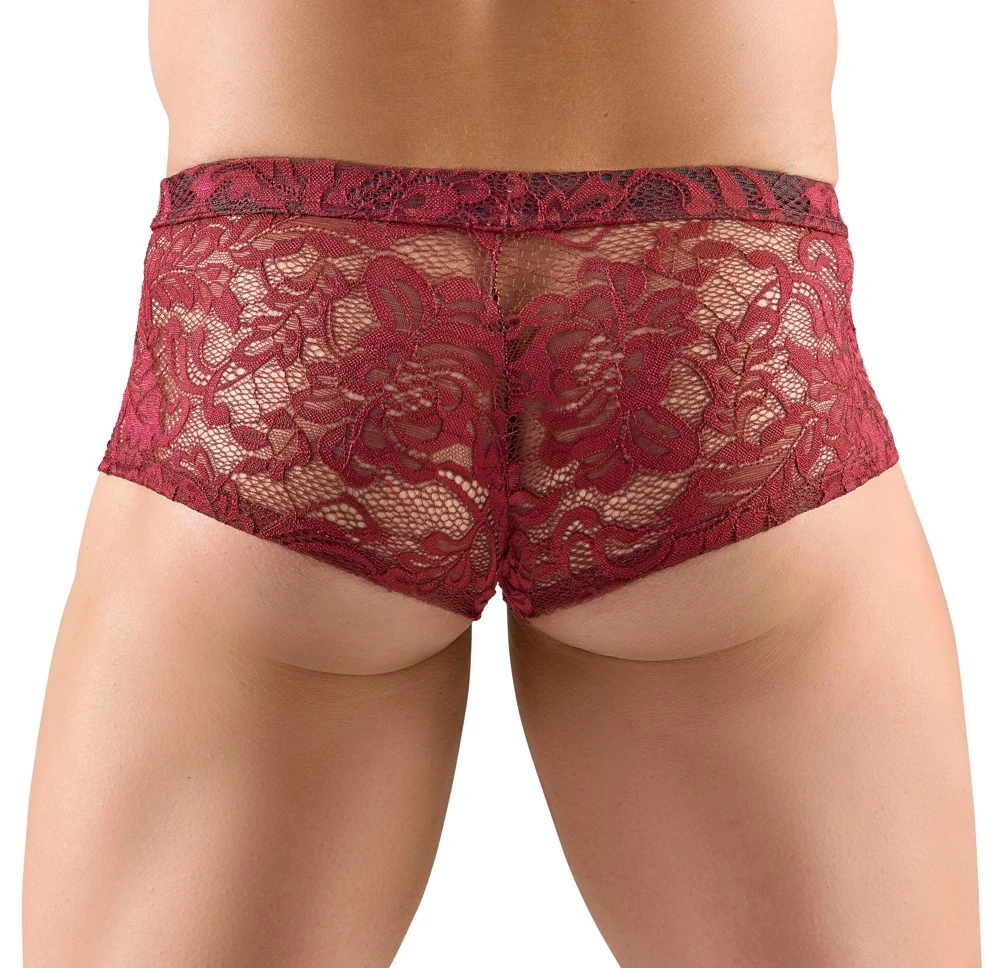 Herren Pants. Verführerische, transparente Pants aus floraler Spitze in edlem Dunkelrot- für hohen Tragekomfort und stilvolle Akzente