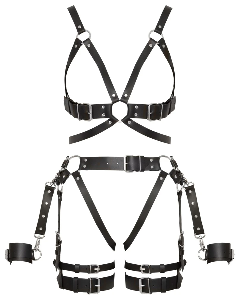 ZADO Leder Harness-Set mit Brust-, Jock- & Schenkelriemen, Handfesseln, Haltegriff und silberfarbenen Details