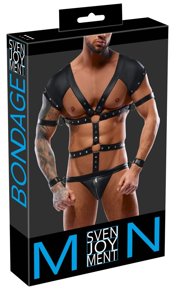 Body mit 4 Fesseln im Set von Svenjoyment BONDAGE. Edler schwarzer, nietenverzierter Mattlook in Harness-Optik mit kleinem Arm.