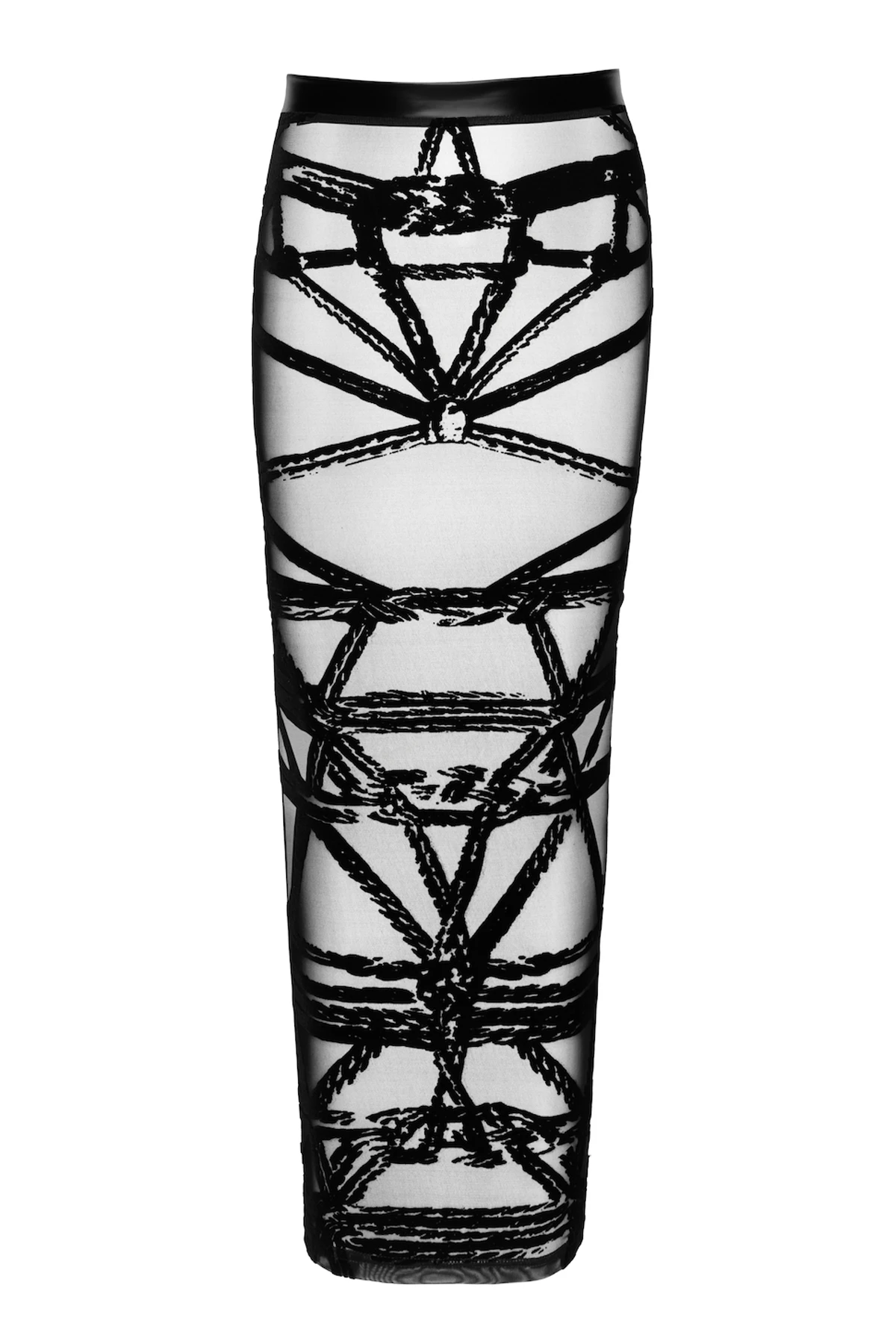 Langer Rock Kinky Bondesque aus elastischem Tüll mit Shibari-Flock und Wetlook-Bund, figurbetonend mit Gehschlitz – markant, selbstbewusst und stilvoll von Noir Handmade F360