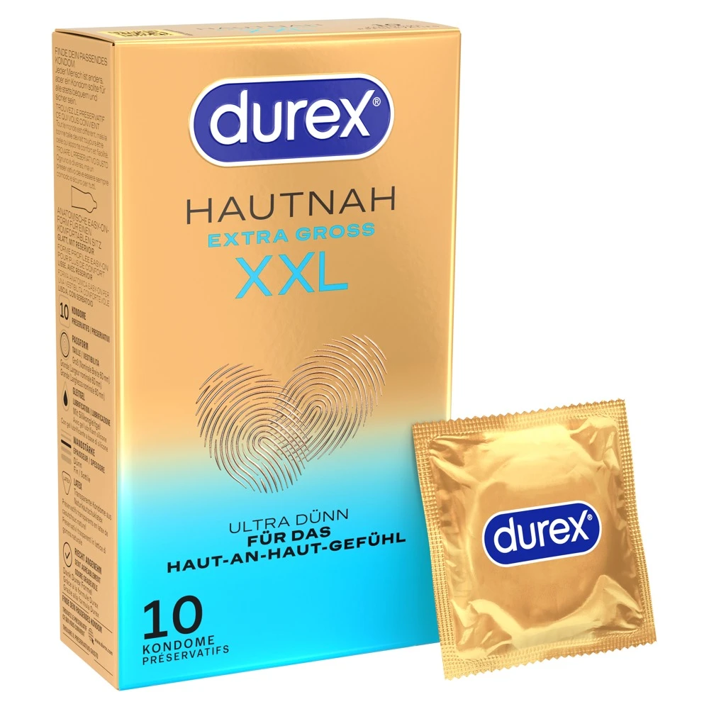 Durex Hautnah Extra Groß 10er, Fühl den Unterschied: Hautnahes Empfinden in XXL transparente, ultra dünne Kondome mit Gleitgel und perfekter Passform