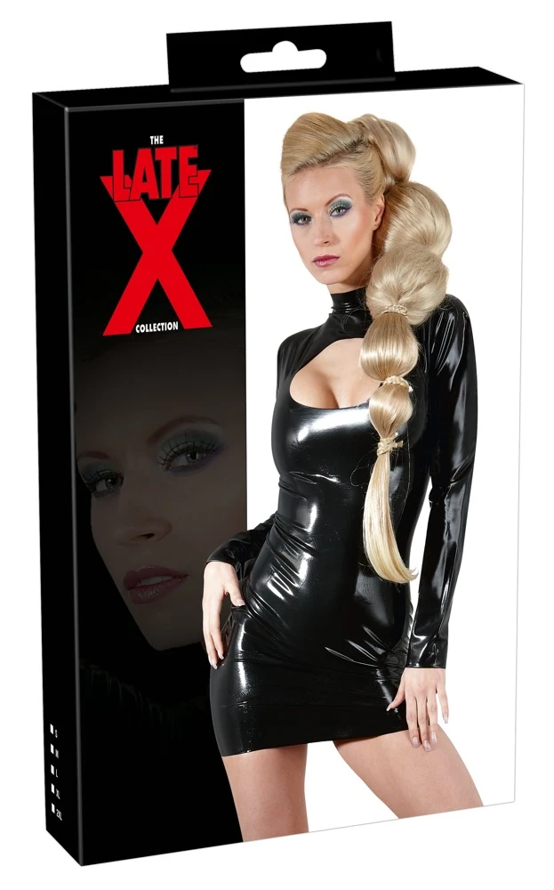 Knallenges, ultrakurzes  Minikleid aus schwarzem Latex mit großem Guckloch über dem Dekolleté.