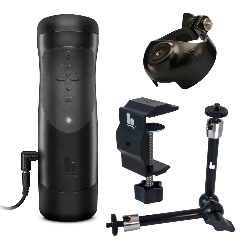 Full Handsfree Bundle mit The Handy 1.1 Interactive Stroker Masturbator inklusive HandsFree Desk Mount Tischhalterung und Cup für komfortables vollautomatisches freihändiges Vergnügen zu Hause