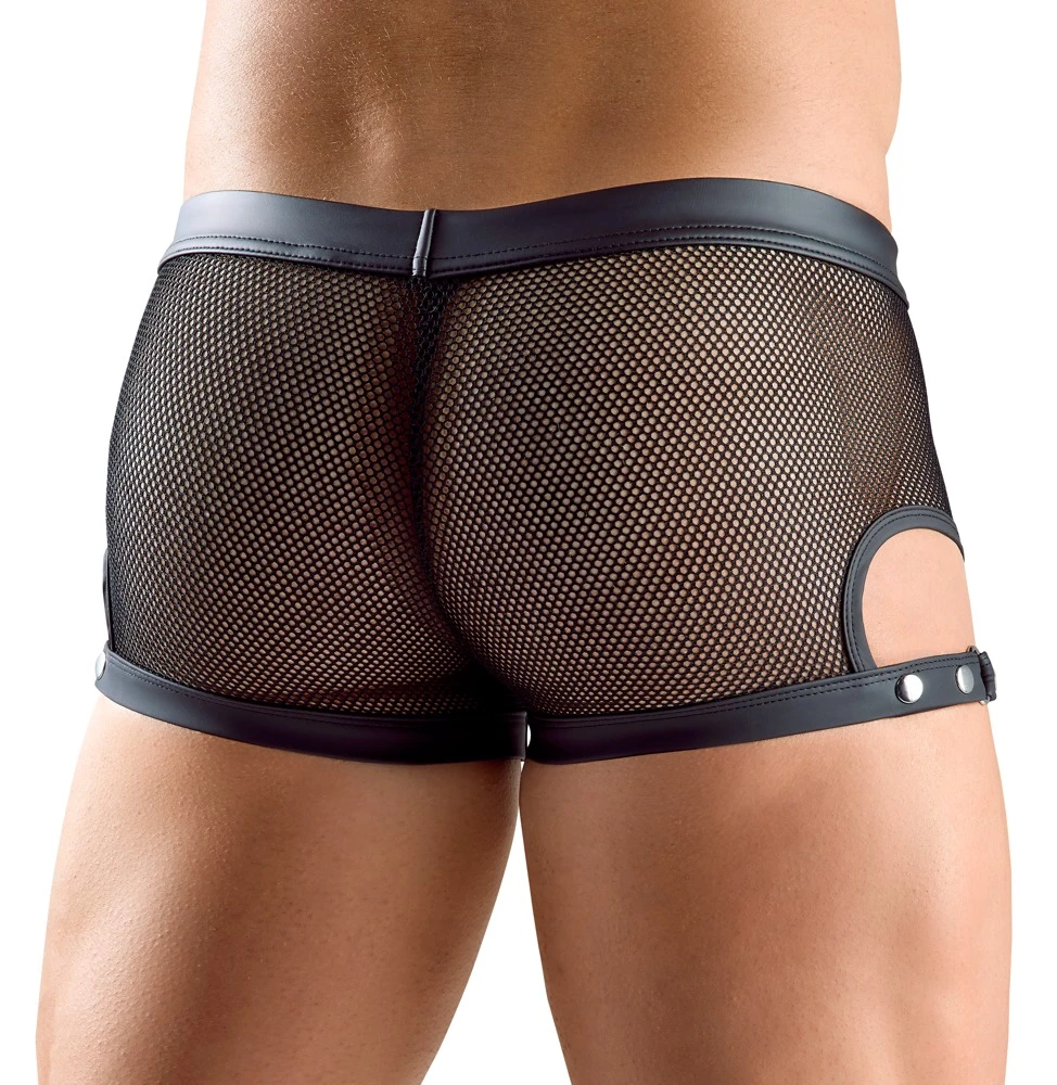 Schwarze Netz-Pants von NEK mit verstellbaren Schenkelriemen, Druckknopfleiste und elastischem Bund für optimalen Tragekomfort