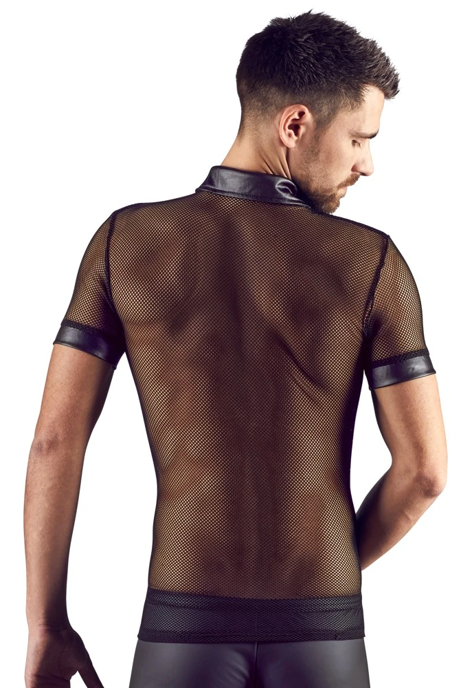 Maskulines Hemd mit Polokragen und kurzer Druckknopfleiste in der Front. Materialmix aus Netz und Wetlook.